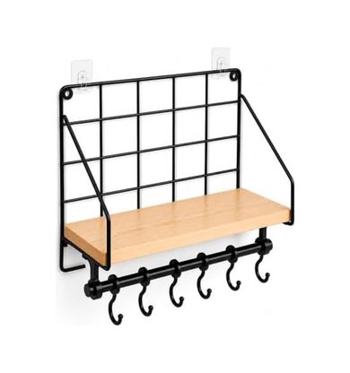 Standart Estetiki 57855210125629080184975 Duvara Asılabilir Yapışkanlı Raf Ve 6 Kancalı Organizer, Ahşap Raflı Metal Mutfak Düzenleyici, Delmeden Monte Edilebilir Askılı Duvar Rafı, Baharatlık, Havluluk, Bardaklık 50 X 22