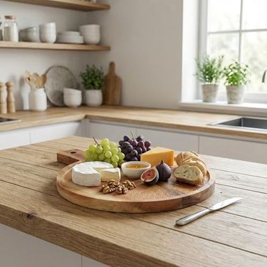 Standart Wood 57855210131487080184975 Doğal Akasya Ahşap Yuvarlak Sunum Tahtası Ve Servis Tepsisi 28.5 Cm Özel Motif Desenli Ve Kulplu Pizza, Peynir Ve Pasta Tabağı 15Cm