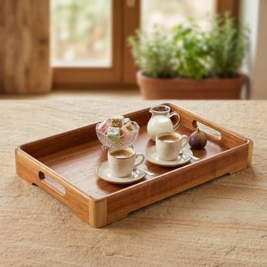 Standart Wood 57855210131616680184975 Büyük Boy Akasya Ahşap Sunum Tepsisi 40X28 Cm - Doğal Ahşap Çay, Kahve Ve Kahvaltı Tepsisi, Kulplu Tasarım 15Cm