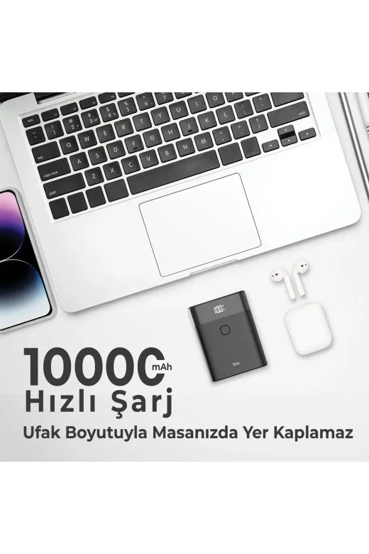 starnewstore 64852166952411022995 10000Mah Type-C Ve Usb Çift Çıkışlı Dijital Ekranlı Mini Powerbank Siyah Iphone Samsung Uyum
