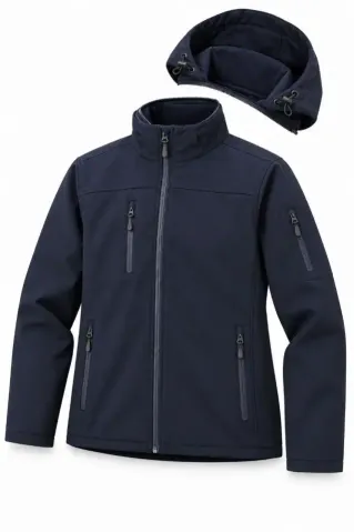 Su Geçirmez Kumaşlı İçi Polar Astarlı Çıkarılabilir Kapüşonlu Personel Mont Ceket - Lacivert - 3XL - Lacivert