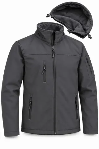 Su Geçirmez Kumaşlı İçi Polar Astarlı Çıkarılabilir Kapüşonlu Personel Mont Ceket - Füme - 4XL - Füme