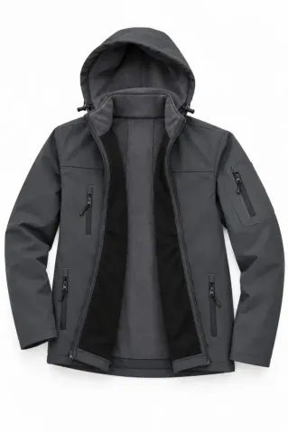 Su Geçirmez Kumaşlı İçi Polar Astarlı Çıkarılabilir Kapüşonlu Personel Mont Ceket - Füme - 3XL - Füme