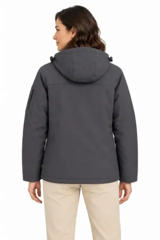 Su Geçirmez Softshell İçi Polar Astarlı Çıkarılabilir Kapüşonlu 4 Cepli Mont Ceket - Füme - 4XL - Füme
