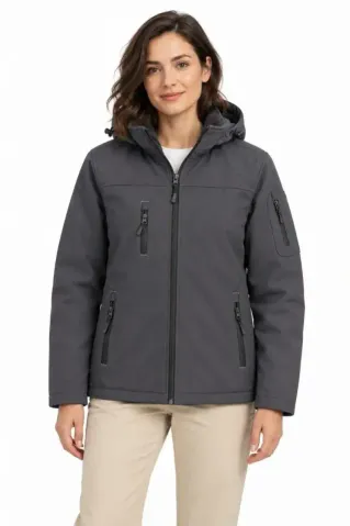 Su Geçirmez Softshell İçi Polar Astarlı Çıkarılabilir Kapüşonlu 4 Cepli Mont Ceket - Füme - 4XL - Füme
