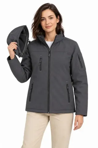 Su Geçirmez Softshell İçi Polar Astarlı Çıkarılabilir Kapüşonlu 4 Cepli Mont Ceket - Füme - 4XL - Füme