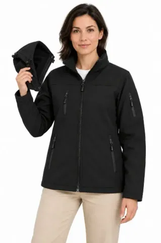 Su Geçirmez Softshell İçi Polar Astarlı Çıkarılabilir Kapüşonlu 4 Cepli Mont Ceket - Siyah - 3XL - Siyah