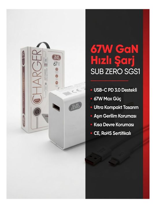 Subzero sg5167W Sg51 67W+6A Type-C Kablolu Turbo Ev Tipi Şarj Aleti Salise Gösterir