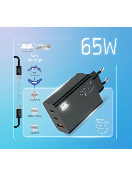Subzero SG88SG88 Sg88 Universal Uyumlu 65W Usb+Pd+Pd ( 3 ) Girişli Süper Fast Type-C Şarj Aleti + Kablo