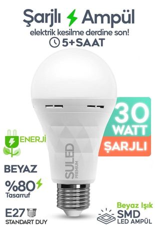 SULED şarjlı Ampül 30w Şarjlı Ampül 30W Ultra Acil Durum & Kamp Işığı 220V Beyaz E27 Duy Otomatik %80 Tasarruflu