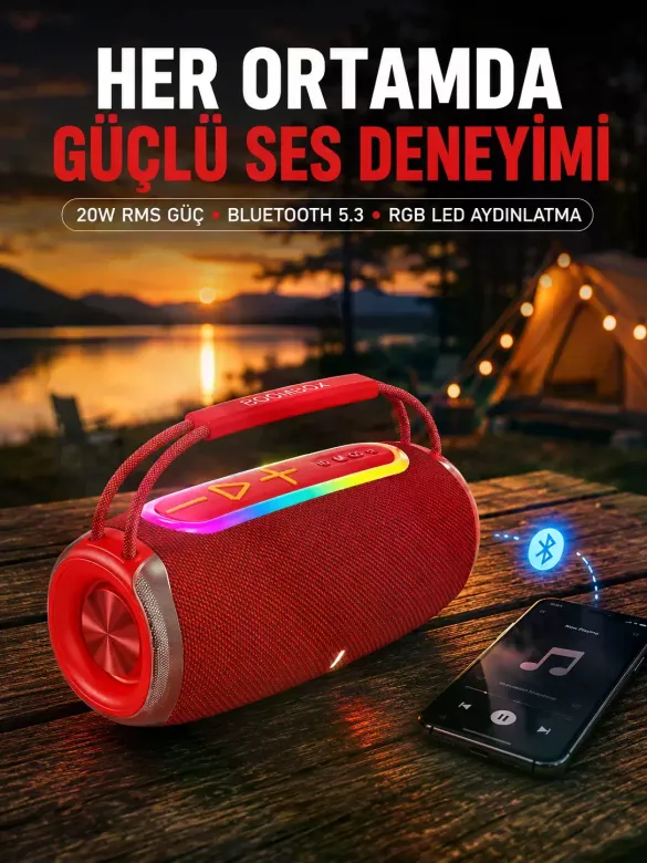 Suya Dayanıklı 20W RGB Hoparlör Bluetooth, USB, SD Kart ve AUX Girişli
