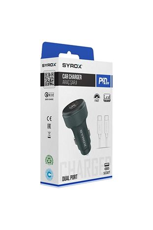 Syrox SC30T 3.1A 30W Pd Q.c. 3.0 1Mt Type-C Kablolu Ekranlı Type-C + Usb-A Araç Şarj Cihazı