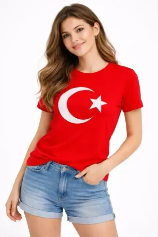 T-Shirt Kısa Kol Bisiklet Yaka Ay Yıldız Bayrak Baskılı Tişört - Kırmızı - M - Kırmızı