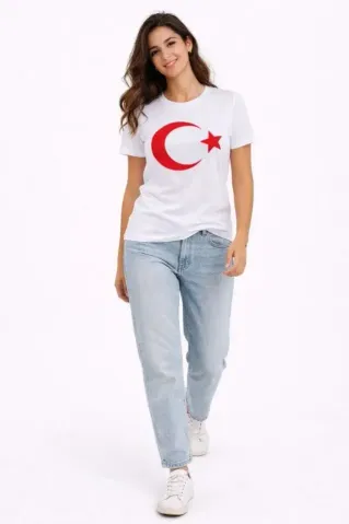 T-Shirt Kısa Kol Bisiklet Yaka Ay Yıldız Bayrak Baskılı Tişört - Beyaz - S - Beyaz