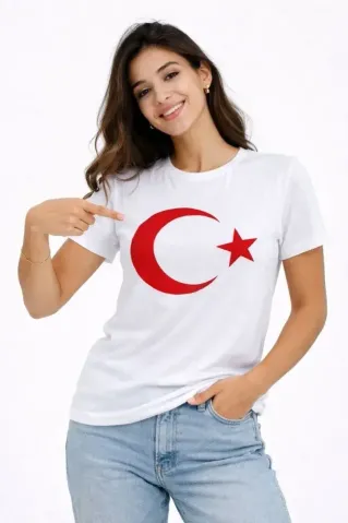 T-Shirt Kısa Kol Bisiklet Yaka Ay Yıldız Bayrak Baskılı Tişört - Beyaz - S - Beyaz