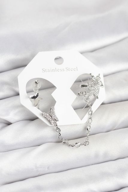TakÇalıştır BKP11535-BLNC Pirinç Gümüş Renk Kelebek Model Zincir Bağlantılı Ear Cuff Küpe Seti Altın