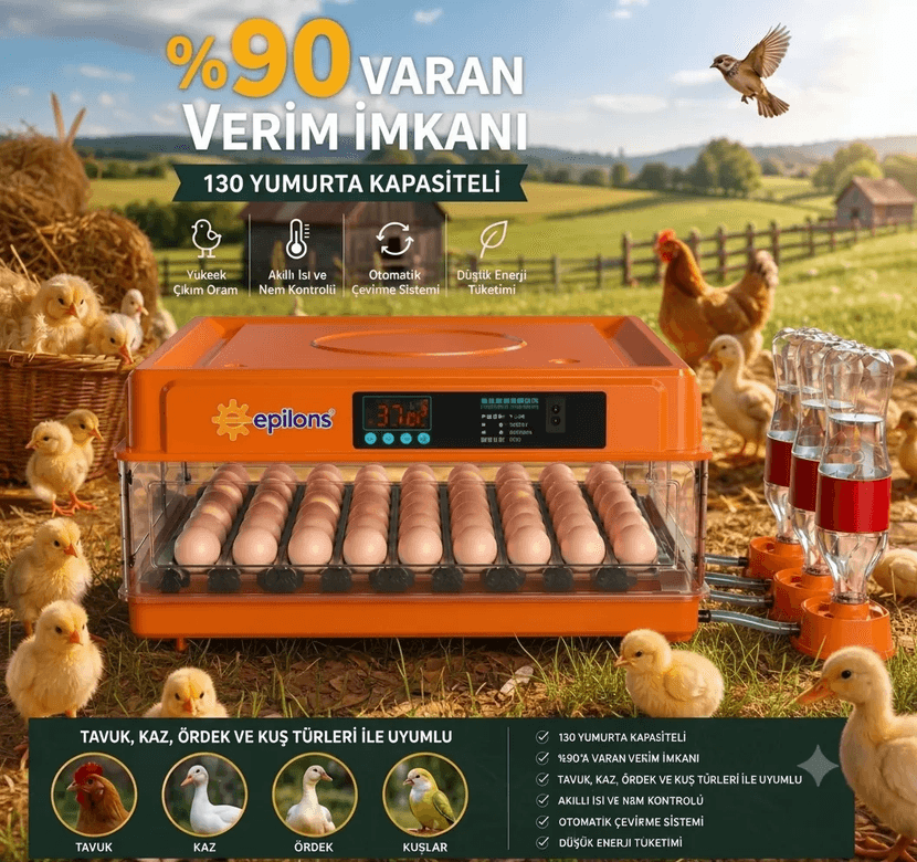 Tam Otomatik Kuluçka Makinesi 130 Yumurta Kapasiteli | Akıllı Isı Ve Nem Kontrolü | Otomatik Yumurta Çevirme | Otomatik Su Sistemi | Ayarlanabilir Viyol