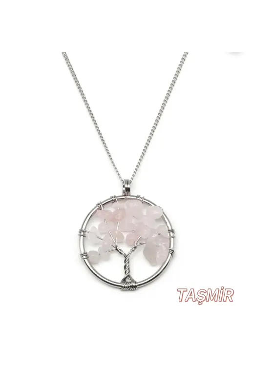 Taş-Mir pembe-tasmir00 Pembe Kuvars Hayat Ağacı Doğal Taş Kolye