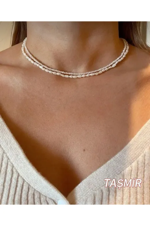 Taş-Mir TaşMirikili0099 Gerçek Doğal Kum İnci Ve Arpa İnci 2’Li Set Kolye ( A Kalite )