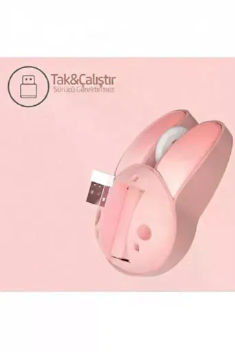 Tavşan Figürlü Kablosuz Mouse Pil Dahil Etiket Hediyeli Pembe