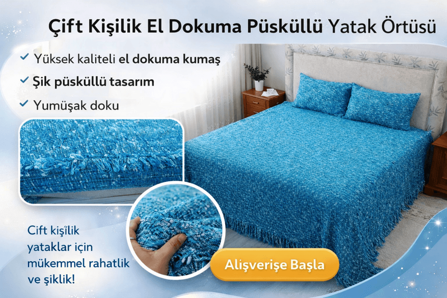 Tavşan Tüyü Peluş El Dokuma Yumuşak Dokulu Çift Kişilik Yatak Örtüsü (280x260)-mavi