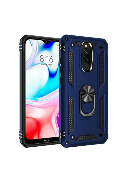 Techaks T11033-TCHS Redmi 8 Kılıf Kamera Çıkıntılı Standlı Yüzüklü Mıknatıslı Zırh Kapak Vega - Mavi