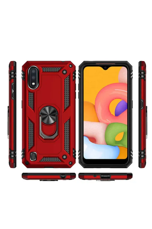 Techaks T11896-TCHS Galaxy A01 Kılıf Kamera Çıkıntılı Standlı Yüzüklü Mıknatıslı Zırh Kapak Vega - Gri