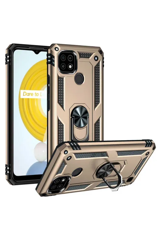 Techaks T18834-TCHS Realme C21 Kılıf Kamera Çıkıntılı Standlı Yüzüklü Mıknatıslı Zırh Kapak Vega - Gold