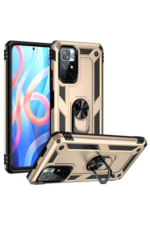 Techaks T20576-TCHS Poco M4 Pro 5G Kılıf Kamera Çıkıntılı Standlı Yüzüklü Mıknatıslı Zırh Kapak Vega - Gold
