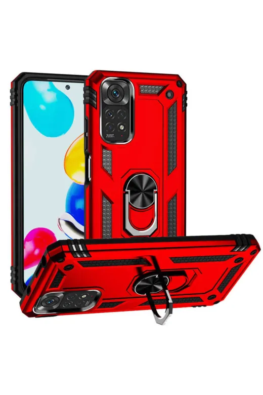 Techaks T21910-TCHS Redmi Note 11 Global Kılıf Kamera Çıkıntılı Standlı Yüzüklü Mıknatıslı Zırh Kapak Vega - Kırmızı