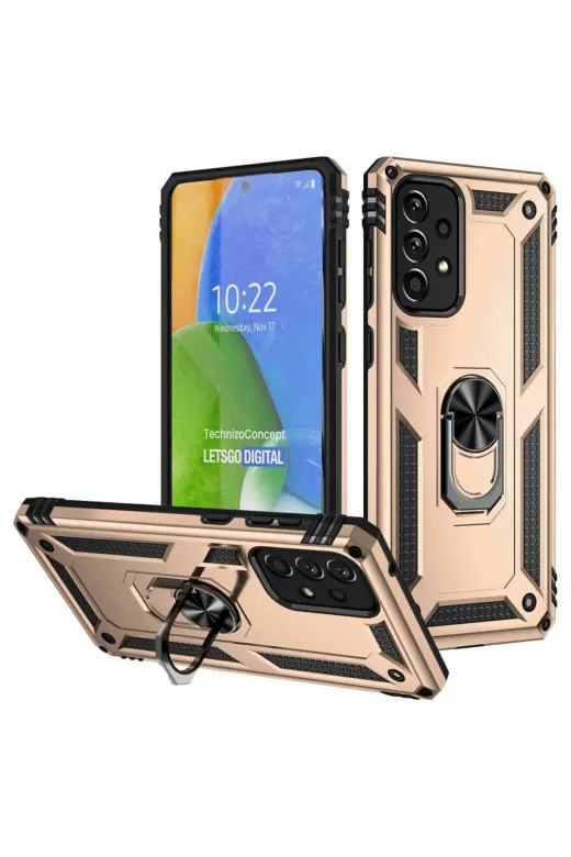 Techaks T23763-TCHS Galaxy A73 Kılıf Kamera Çıkıntılı Standlı Yüzüklü Mıknatıslı Zırh Kapak Vega - Gold