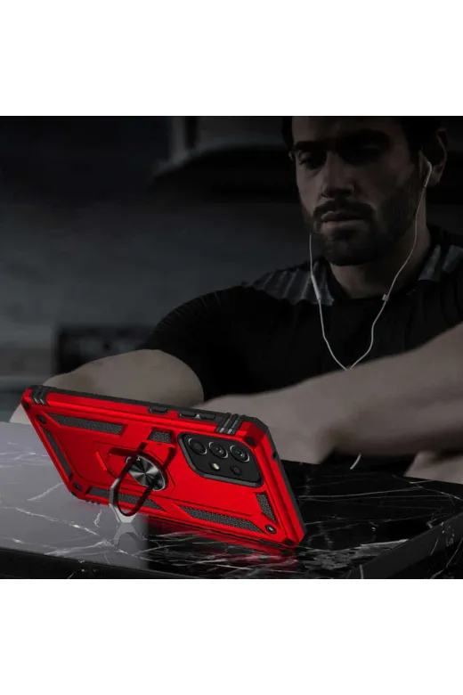 Techaks T23763-TCHS Galaxy A73 Kılıf Kamera Çıkıntılı Standlı Yüzüklü Mıknatıslı Zırh Kapak Vega - Kırmızı