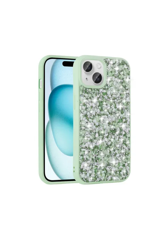 Techaks T30741-TCHS Iphone 15 Kılıf Parlak Taşlı Tasarım Zore Linea Kapak - Açık Yeşil