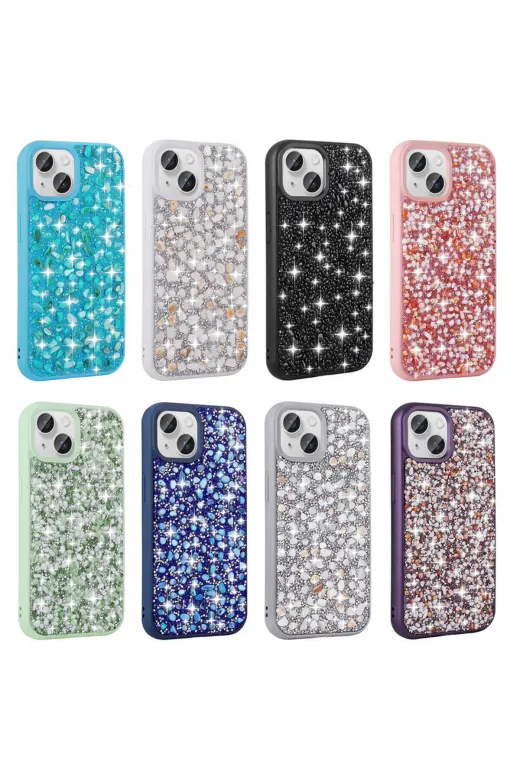 Techaks T30741-TCHS Iphone 15 Kılıf Parlak Taşlı Tasarım Zore Linea Kapak - Açık Yeşil