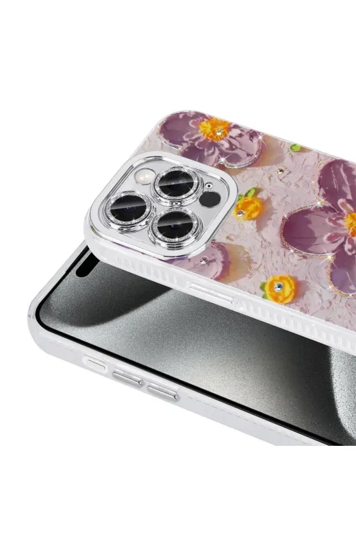 Techaks T31803-TCHS Iphone 14 Pro Max Kılıf Çiçek Desenli Parlak Taşlı Sert Silikon Zore Garden Kapak - Colorful