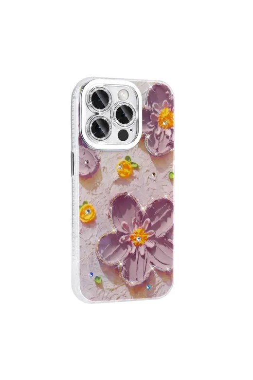 Techaks T31803-TCHS Iphone 14 Pro Max Kılıf Çiçek Desenli Parlak Taşlı Sert Silikon Zore Garden Kapak - Colorful