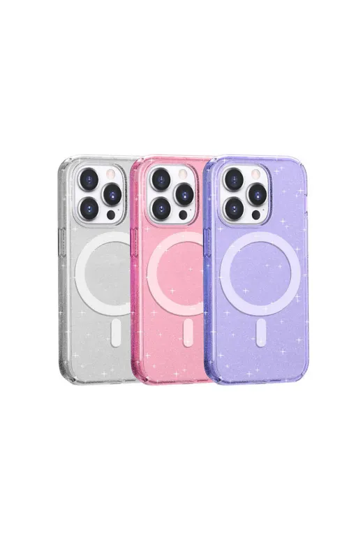 Techaks T31956-TCHS Iphone 14 Pro Kılıf Magsafe Şarj Özellikli Parlayan Simli Saydam Renkli Zore Allstar Kapak - Mor