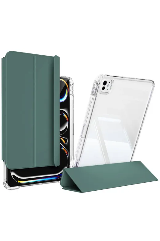 Techaks T32344-TCHS Ipad Pro 13 2024 Kılıf Magnetik Ayrılabilen Airbagli Zore Sliding Tablet Kılıfı - Koyu Yeşil