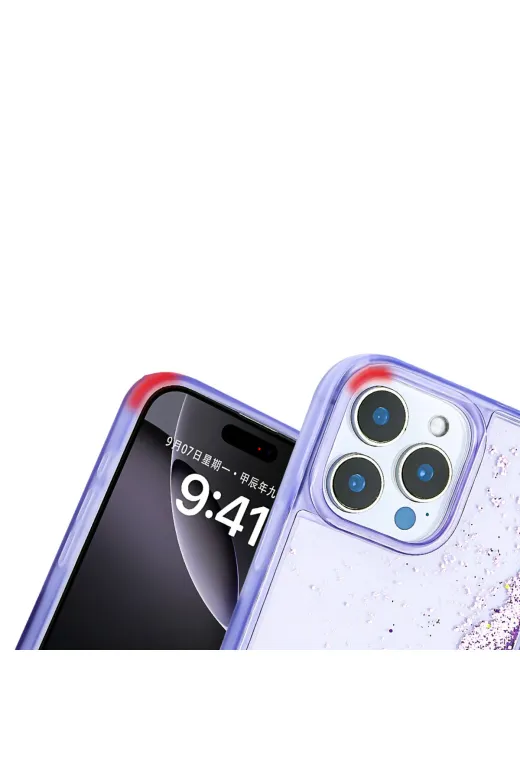 Techaks T35539-TCHS Iphone 12 Pro Kılıf Sıvılı Simli Şeffaf Arka Yüzey Zore Keto Silikon Kapak - Mor