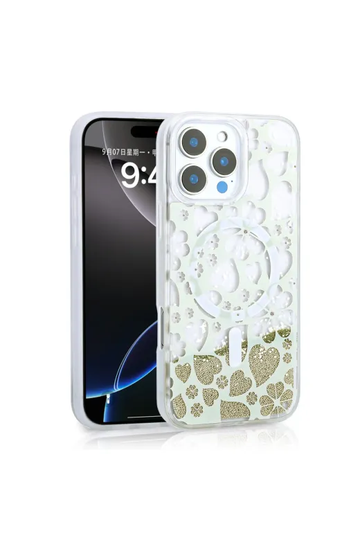 Techaks T35561-TCHS Iphone 12 Pro Kılıf Sıvılı Simli Baskılı Şeffaf Arka Yüzey Zore Mossa Silikon Kapak - Pembe
