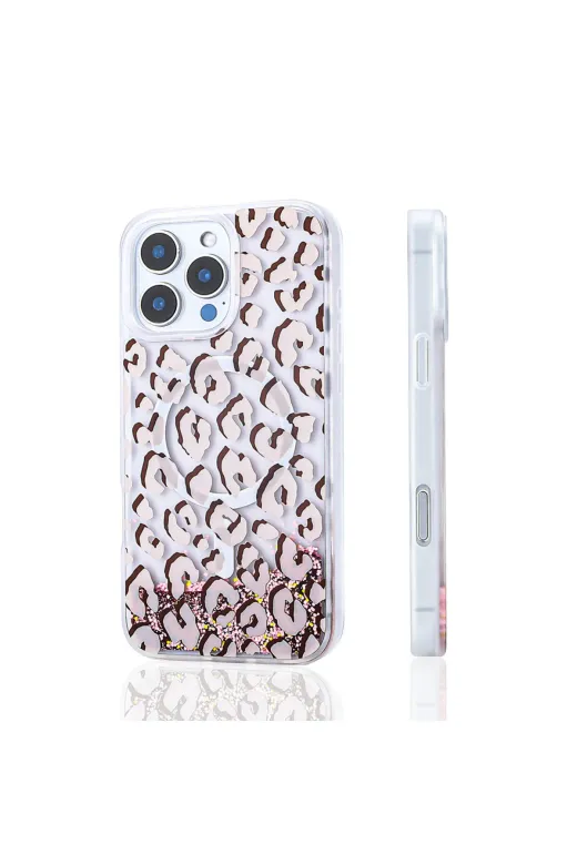 Techaks T35561-TCHS Iphone 12 Pro Kılıf Sıvılı Simli Baskılı Şeffaf Arka Yüzey Zore Mossa Silikon Kapak - Pembe