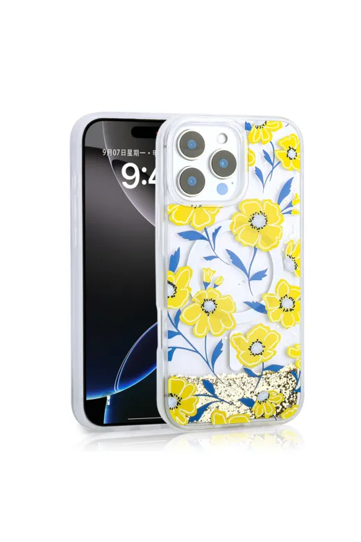 Techaks T35564-TCHS Iphone 14 Pro Max Kılıf Sıvılı Simli Baskılı Şeffaf Arka Yüzey Zore Mossa Silikon Kapak - Pembe
