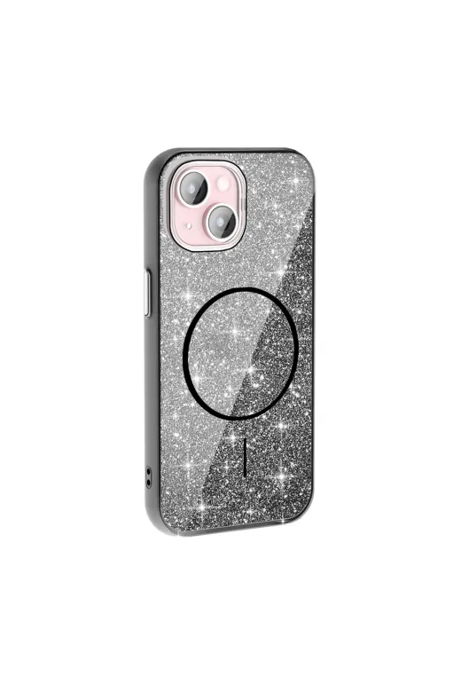 Techaks T35970-TCHS Iphone 15 Plus Kılıf Magsafe Şarj Özellikli Parlayan Simli Zore Okso Kapak - Derin Mor