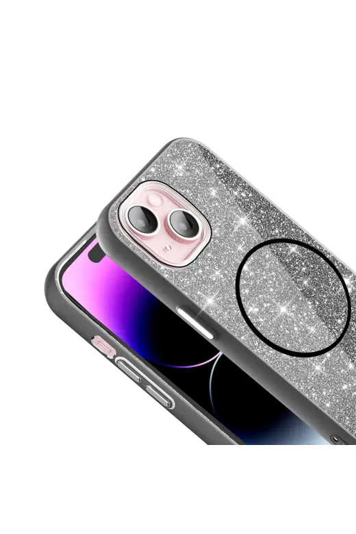 Techaks T35970-TCHS Iphone 15 Plus Kılıf Magsafe Şarj Özellikli Parlayan Simli Zore Okso Kapak - Derin Mor
