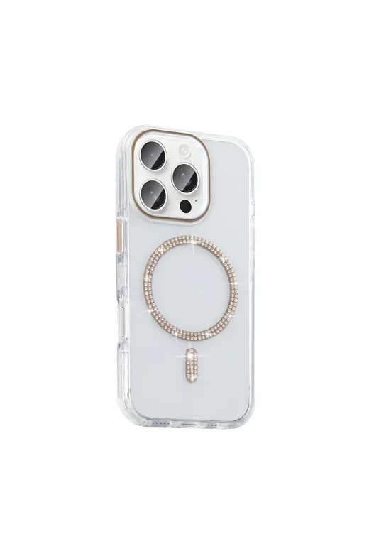 Techaks T37833-TCHS Iphone 15 Pro Kılıf Taşlı Tasarım M-Safe Şarj Özellikli Zore Koment Silikon Kapak - Gümüş