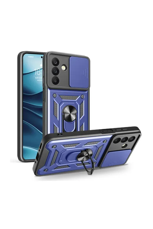 Techaks T38351-TCHS Galaxy A17 Kılıf Magnetik Standlı Kamera Korumalı Zore Sürgülü Vega Kapak - Mavi