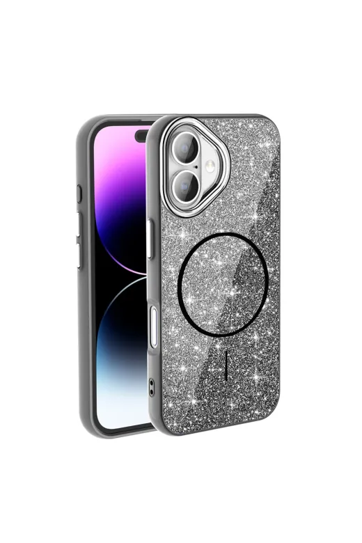 Techaks T39585-TCHS Iphone 17 Kılıf M-Safe Şarj Özellikli Parlayan Simli Tchs Okso Kapak - Siyah