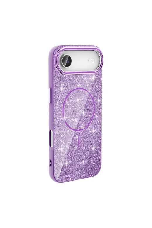 Techaks T39586-TCHS Iphone 17 Air Kılıf M-Safe Şarj Özellikli Parlayan Simli Tchs Okso Kapak - Derin Mor
