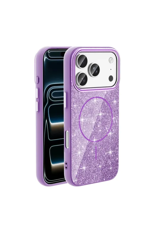 Techaks T39587-TCHS Iphone 17 Pro Kılıf M-Safe Şarj Özellikli Parlayan Simli Tchs Okso Kapak - Derin Mor