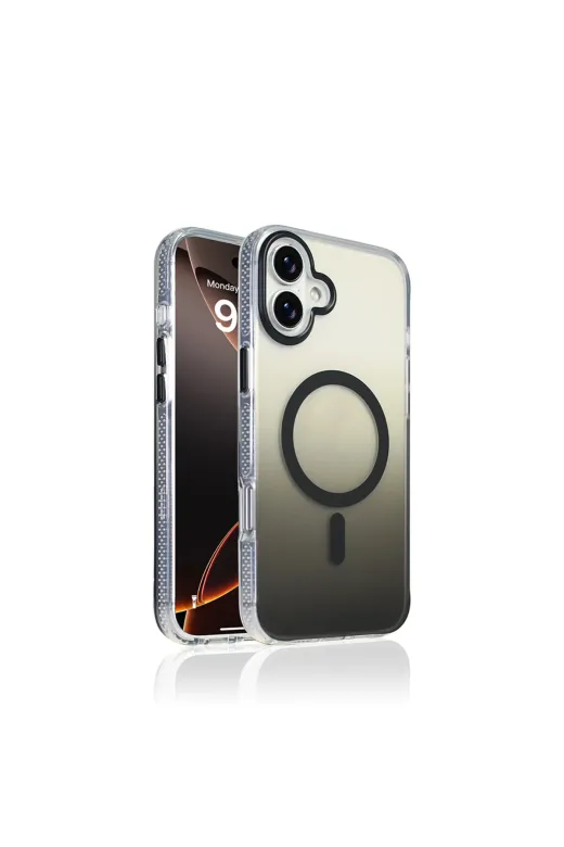 Techaks T39661-TCHS Iphone 16 Plus Kılıf M-Safe Şarj Özellikli Transparan Renk Geçişli Tchs Toros Kapak - Siyah
